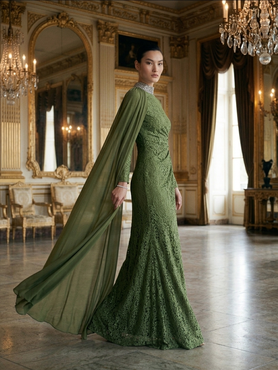 Olive Lace Evening Gown