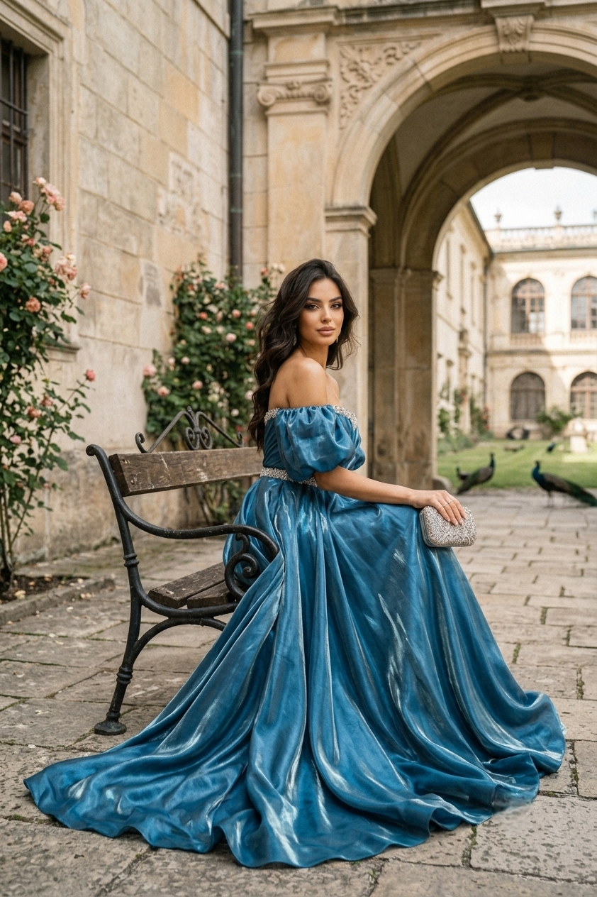 Teal Satin Puffed Dress