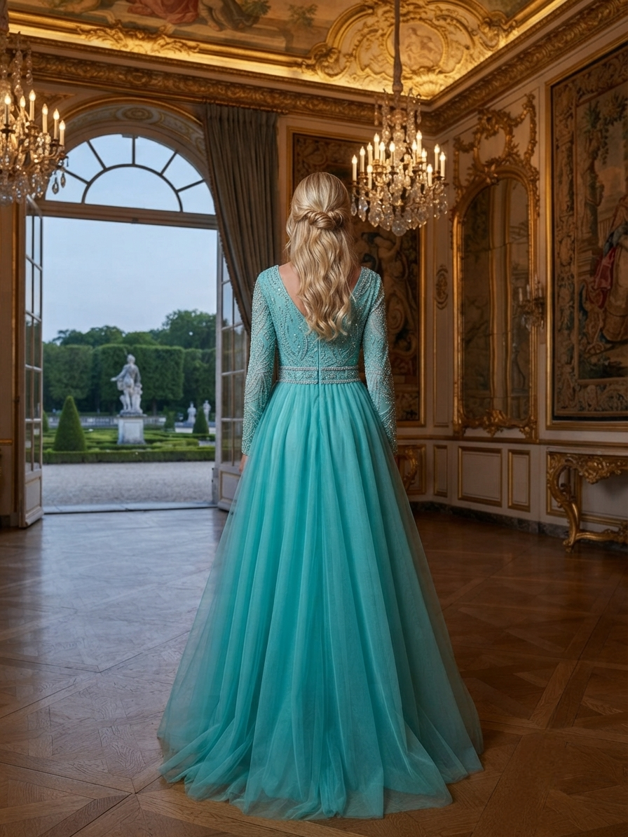 Turquoise Tulle Gown - Image 2
