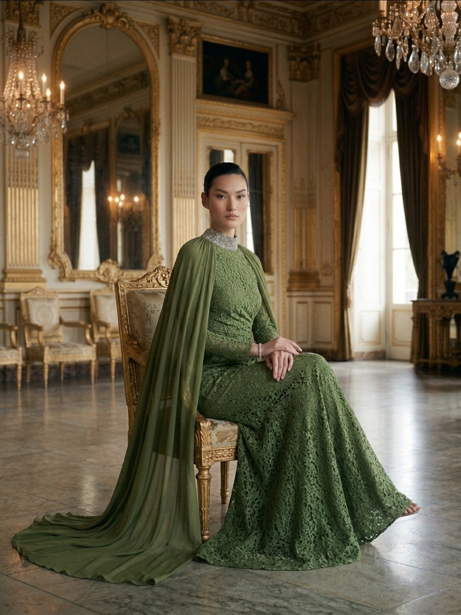 Olive Lace Evening Gown - Image 3