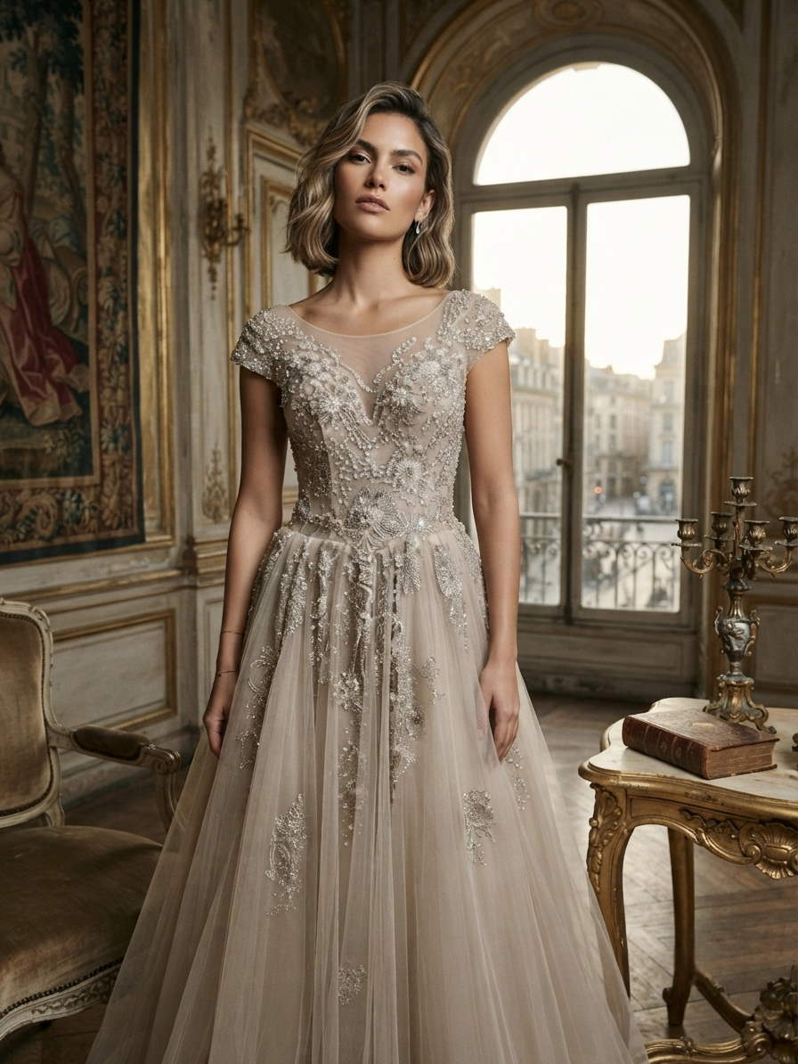 Beaded beige Gown