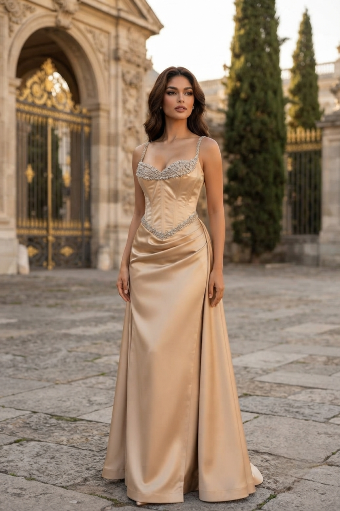beige satin dress