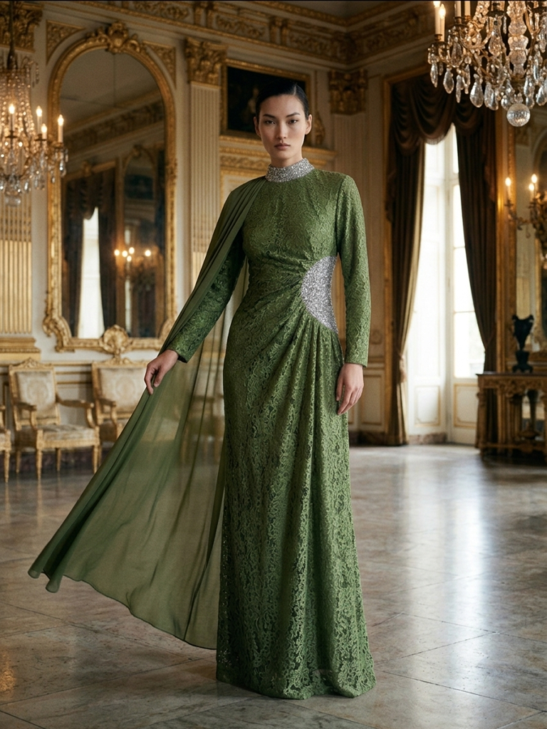 Olive lace evening gown