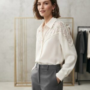 White Shirt with Lace and Pearls