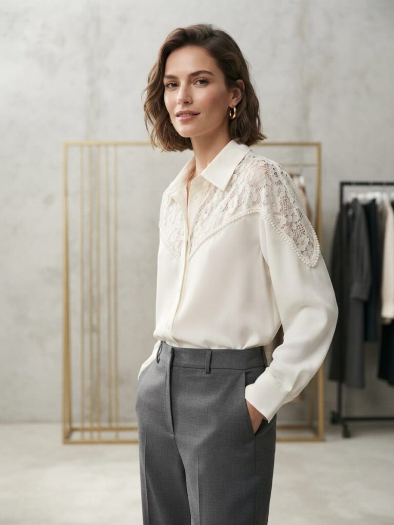 White Shirt with Lace and Pearls