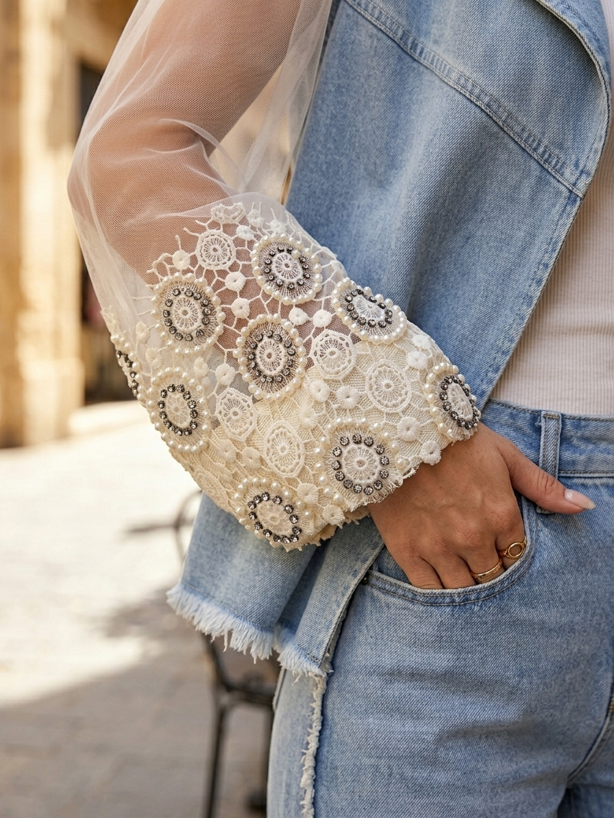 ​Pearl & Lace Tulle Denim Jacket