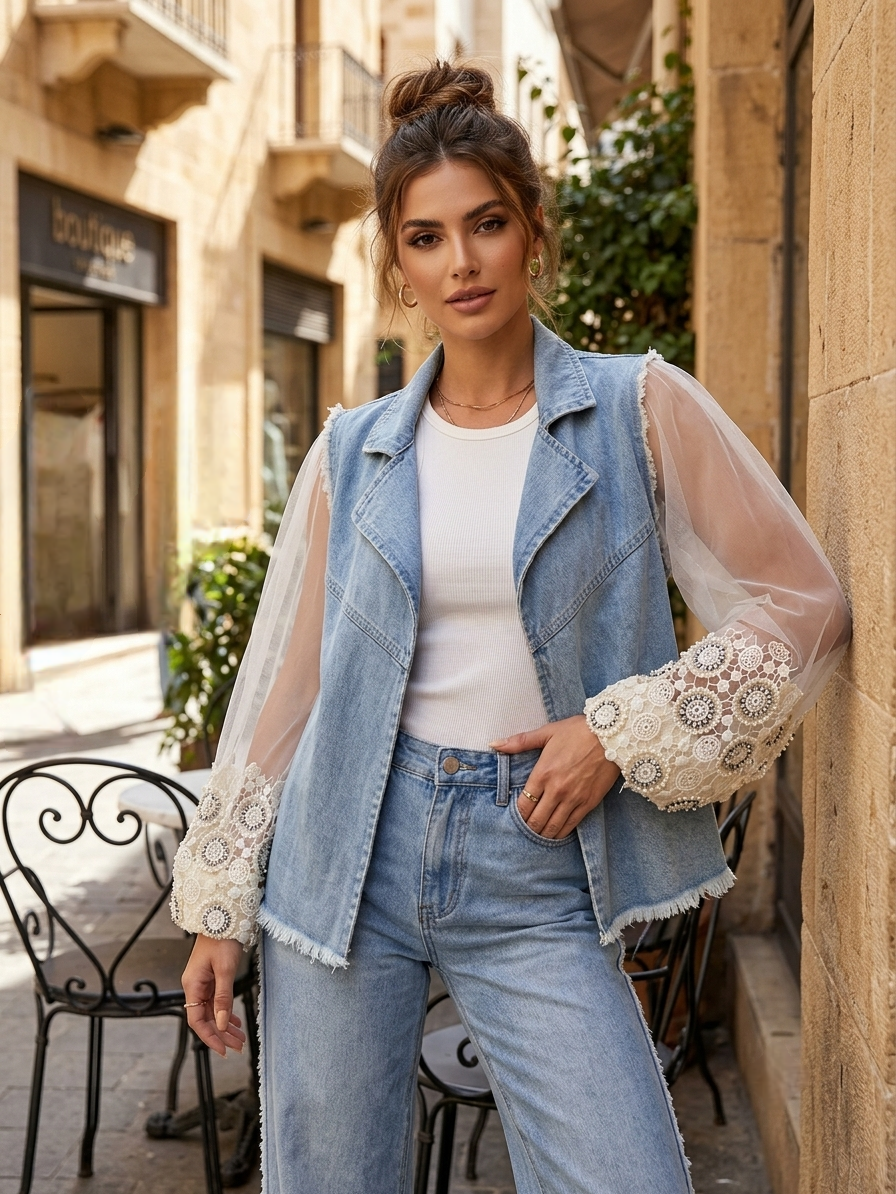 Pearl & Lace Tulle Denim Jacket