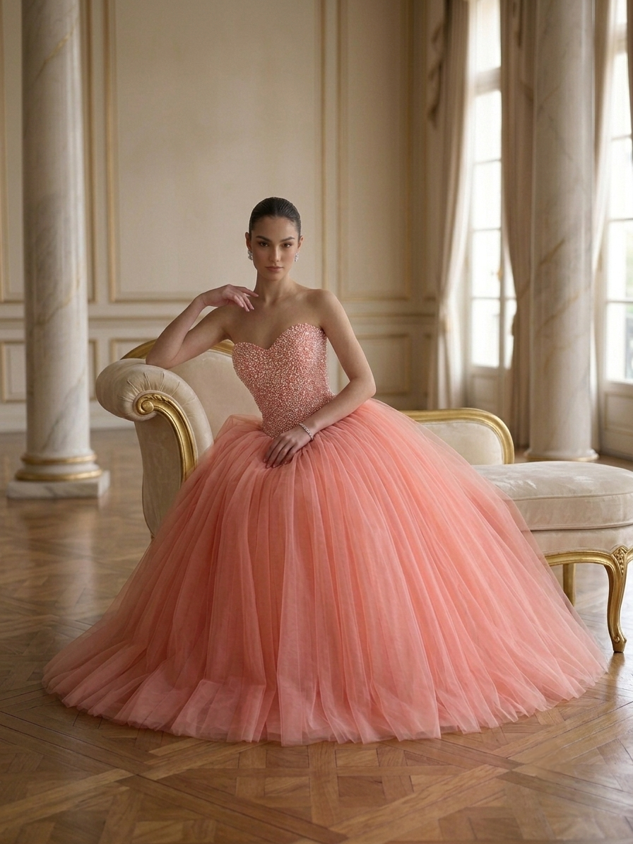 Coral Embellished Ballgown
