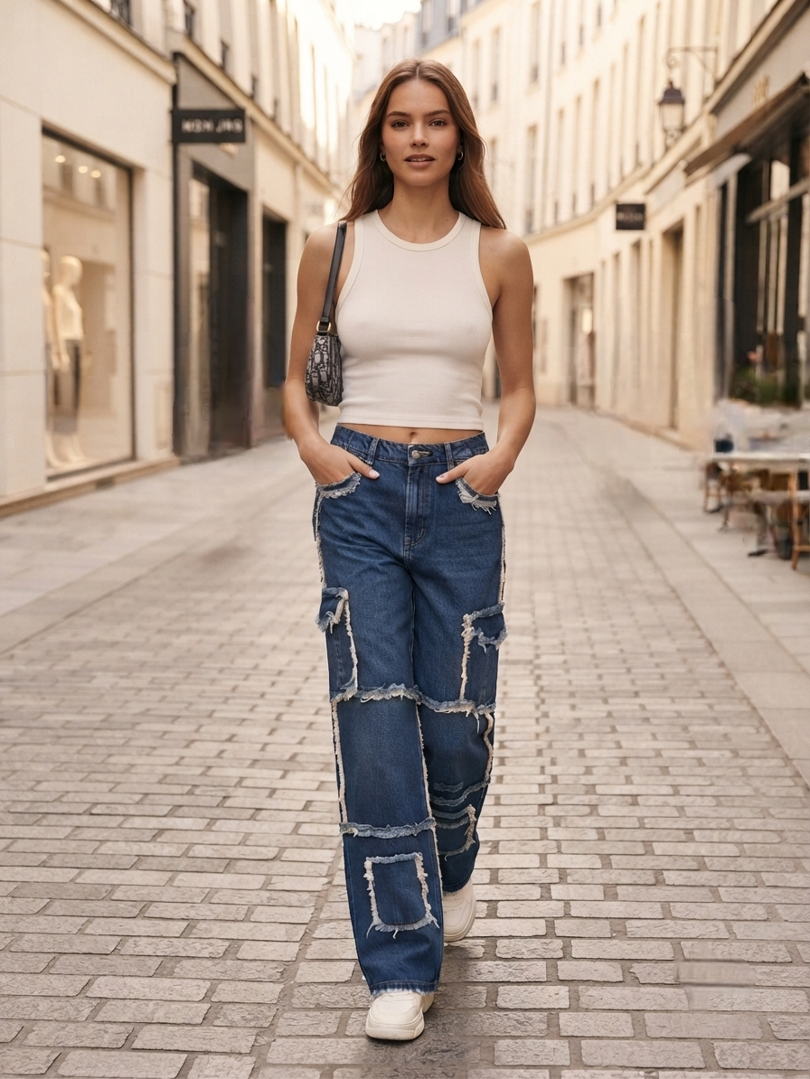 Wide-leg Cargo Blue Jeans