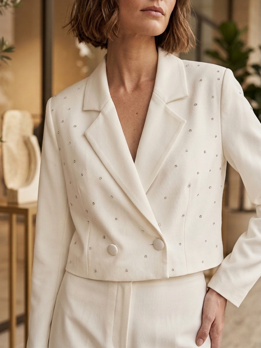 Embellished Off-white Crop Blazer