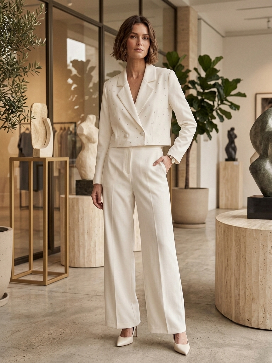 Embellished Off-white Crop Blazer