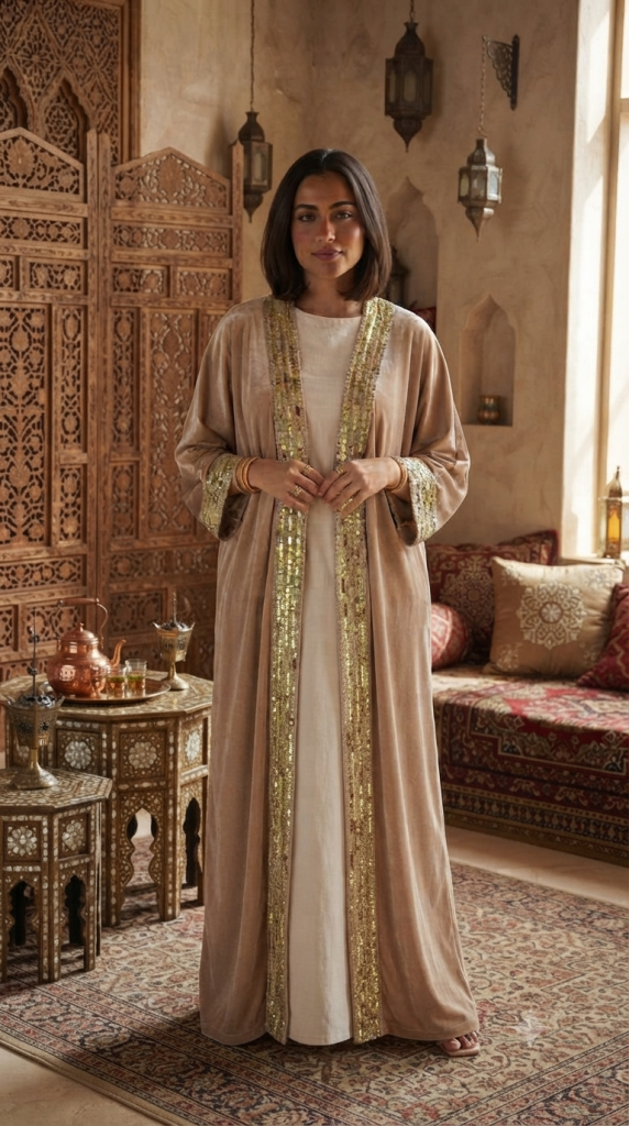 Beige Velvet Abaya