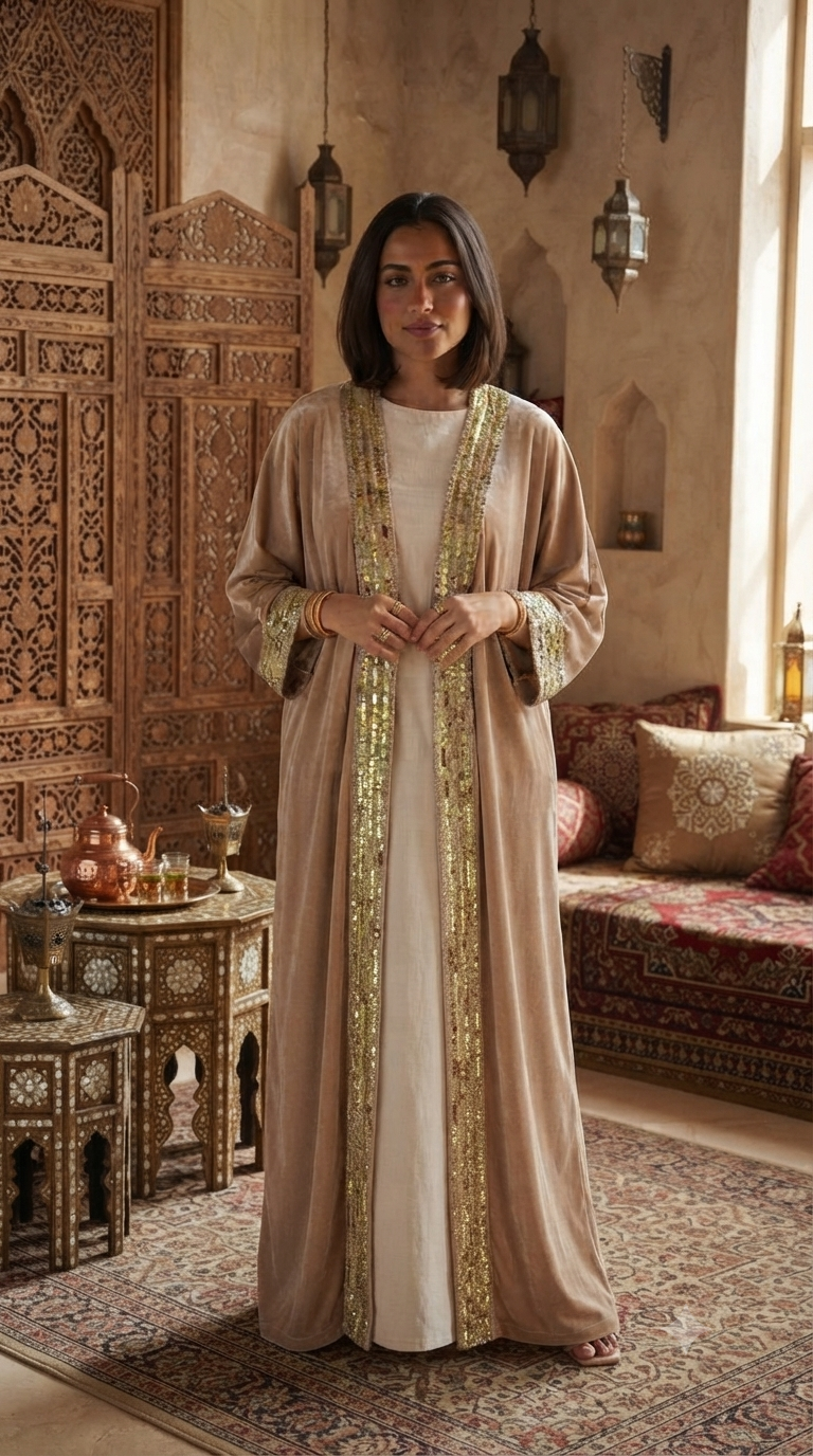 Beige Velvet Abaya