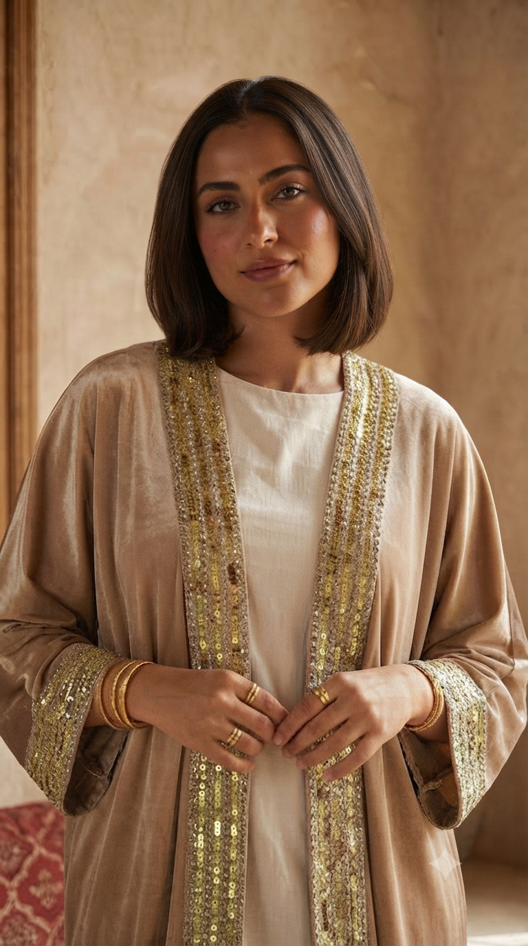 Beige Velvet Abaya - Image 3