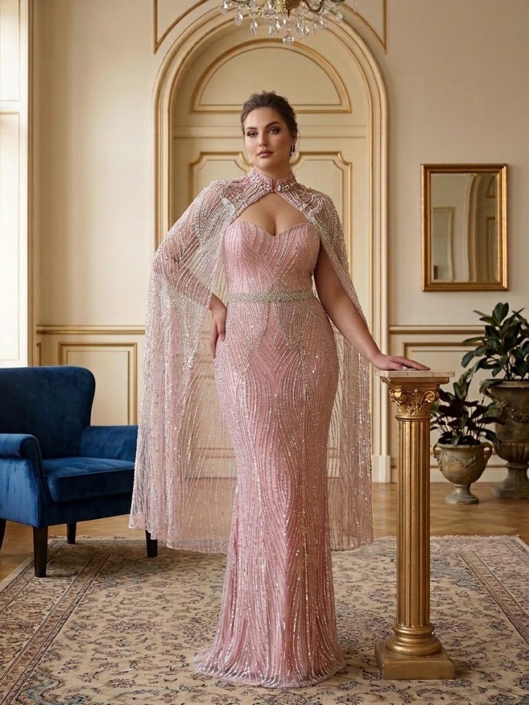 Blush Sequined Cape & Strapless Evening Dress