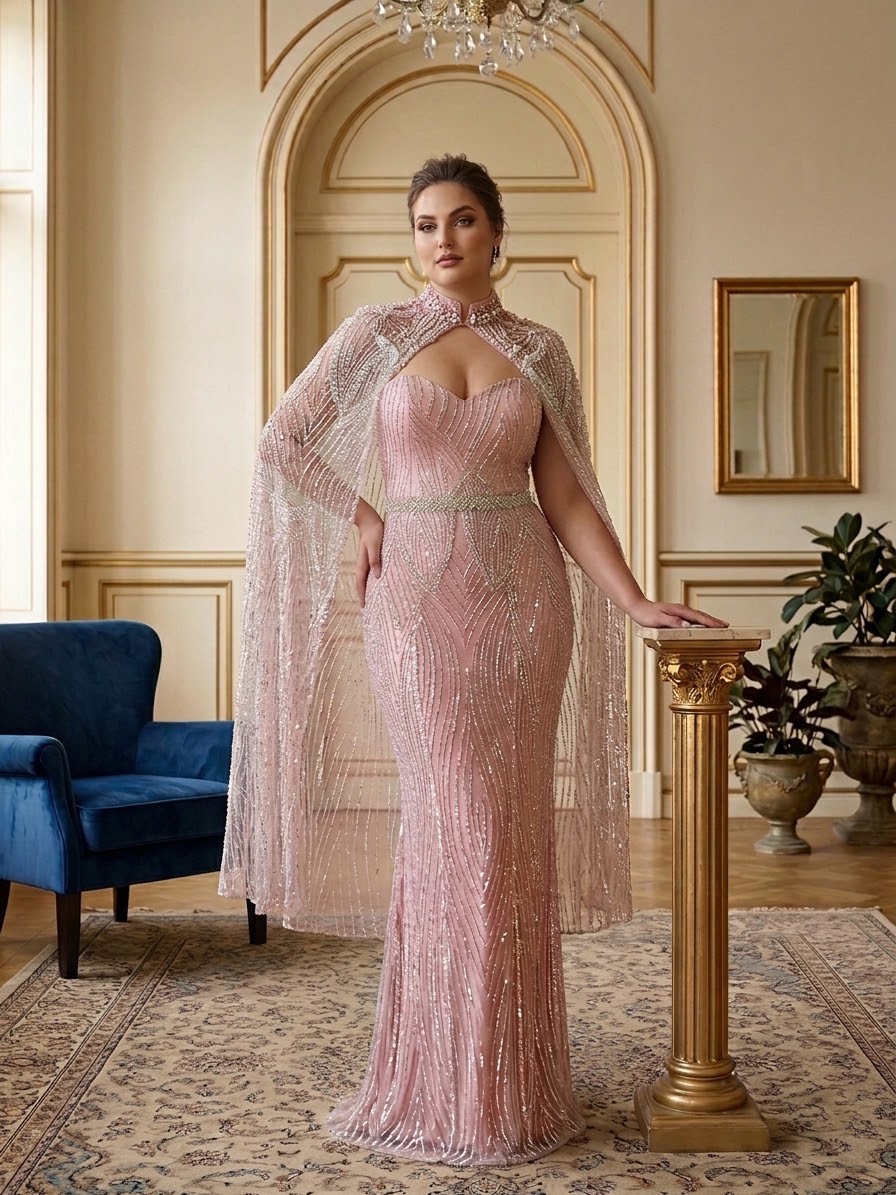 Blush Sequined Cape & Strapless Evening Dress