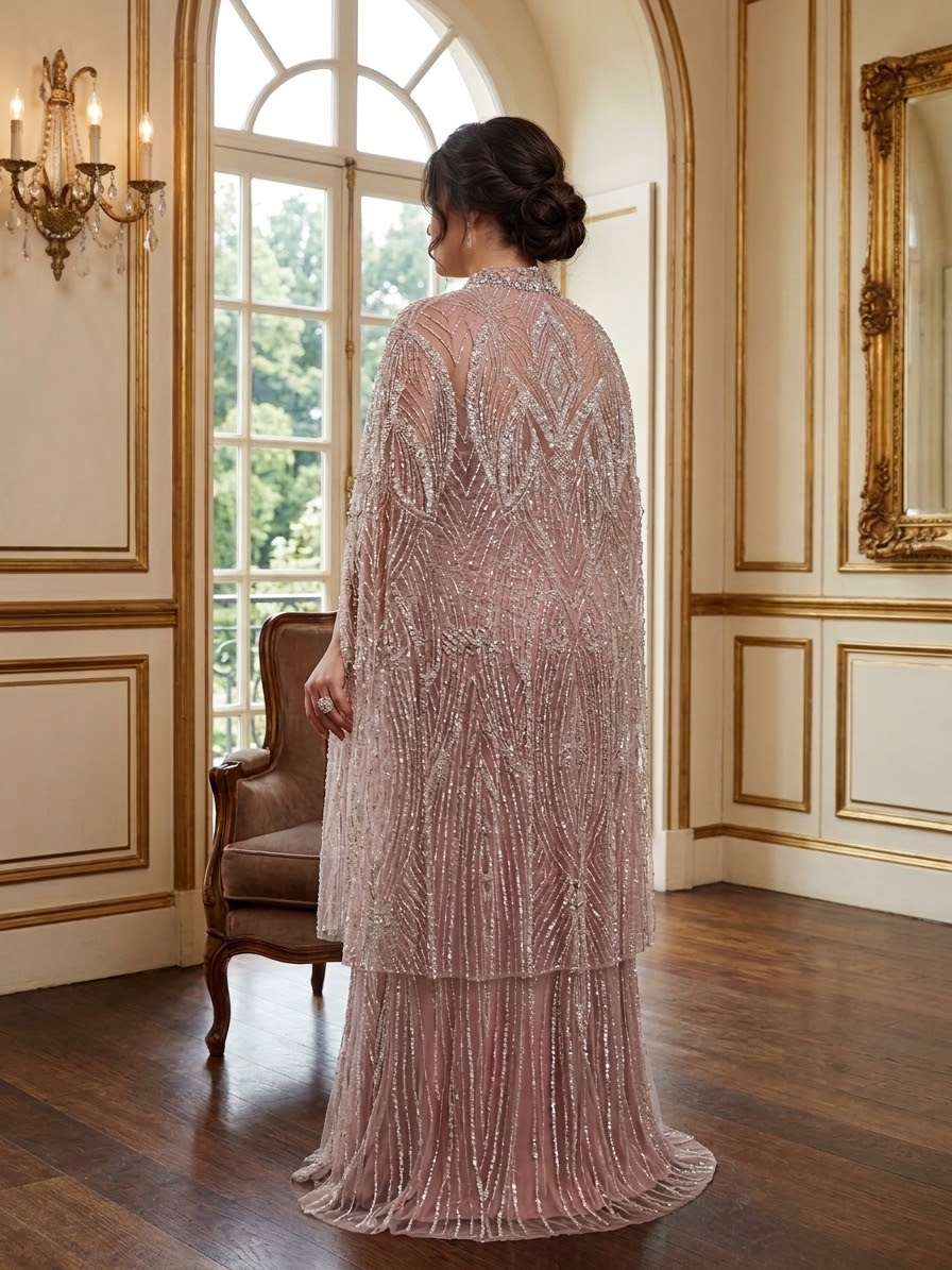 Blush Sequined Cape & Strapless Evening Dress - Image 3