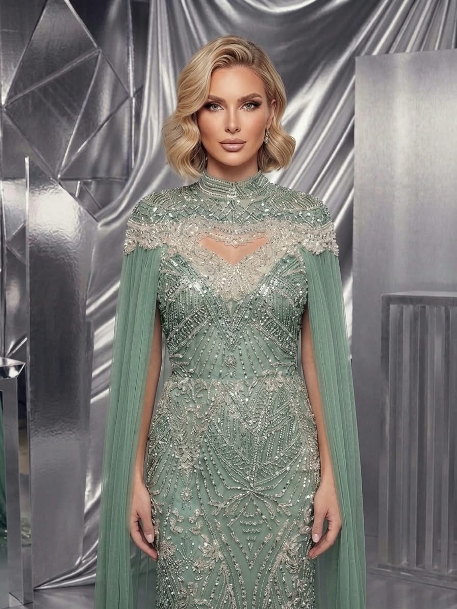 Sage royal cape gown - Image 3