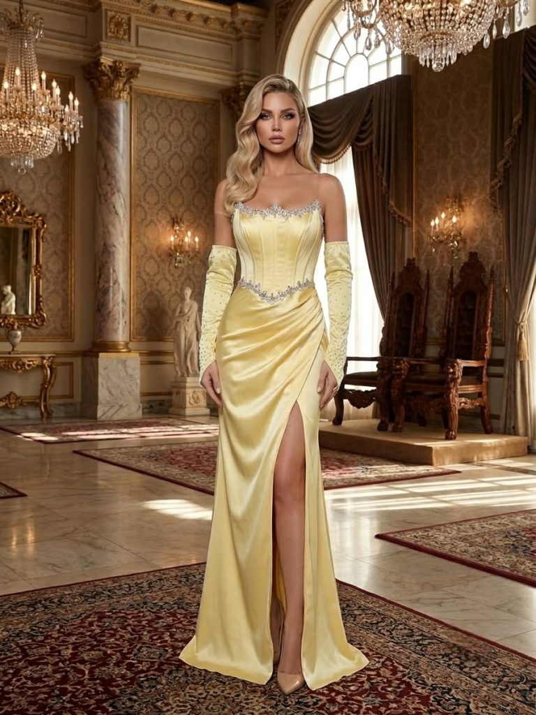 Yellow satin gloves gown