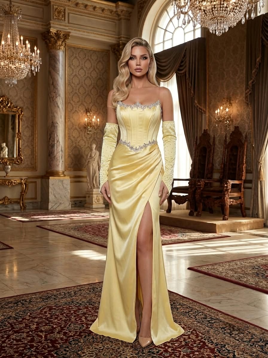Yellow satin gloves gown
