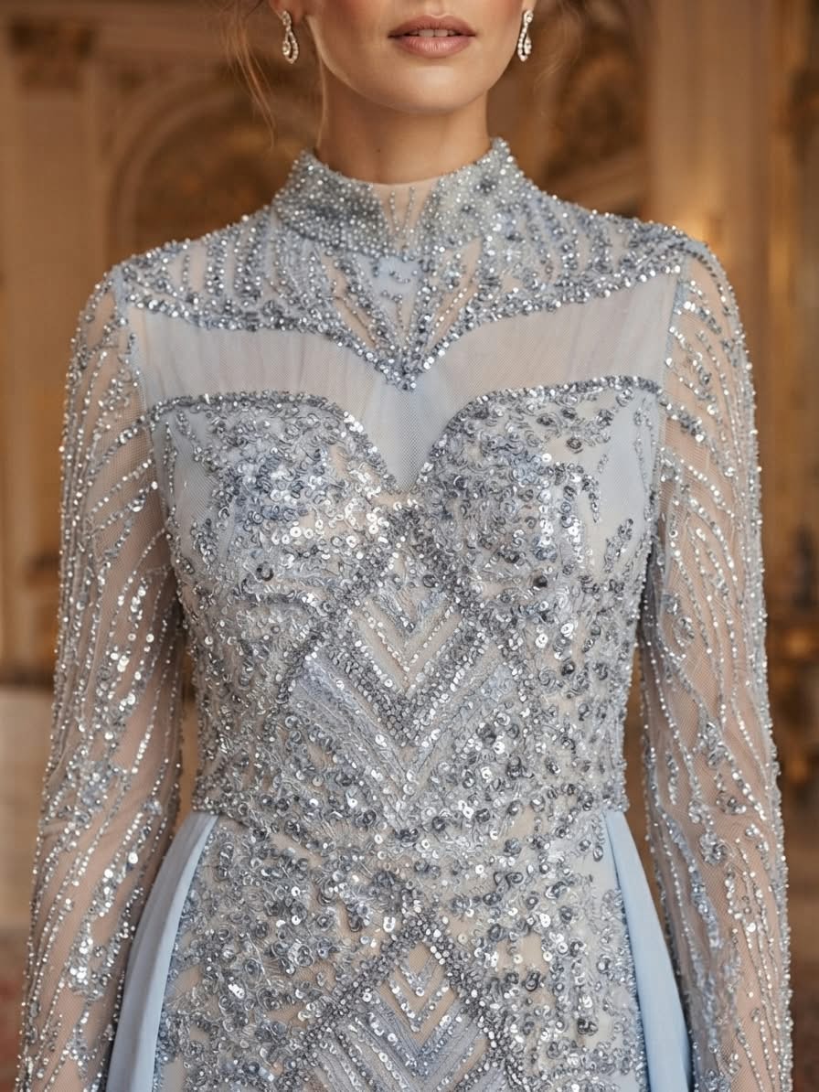 Blue high neck gown