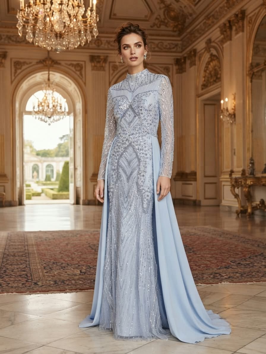 Blue high neck gown