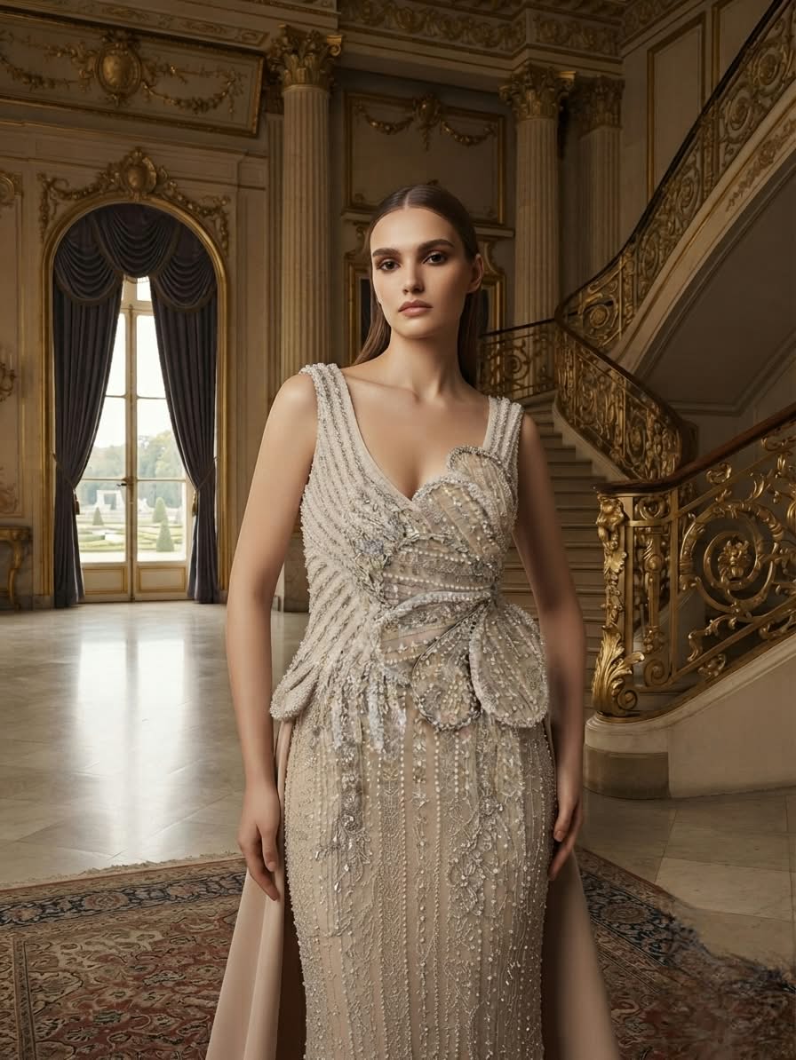 Beige gown with over- skirt