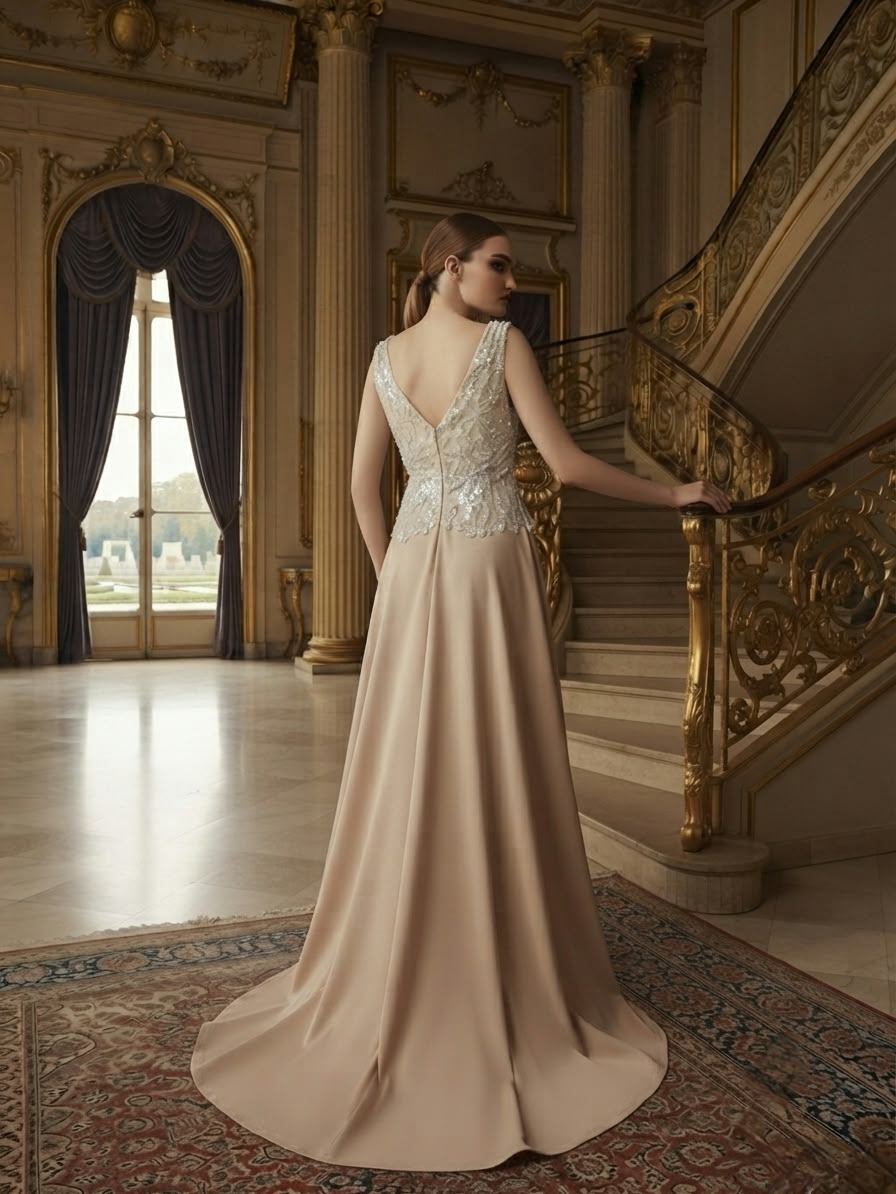 Beige gown with over- skirt