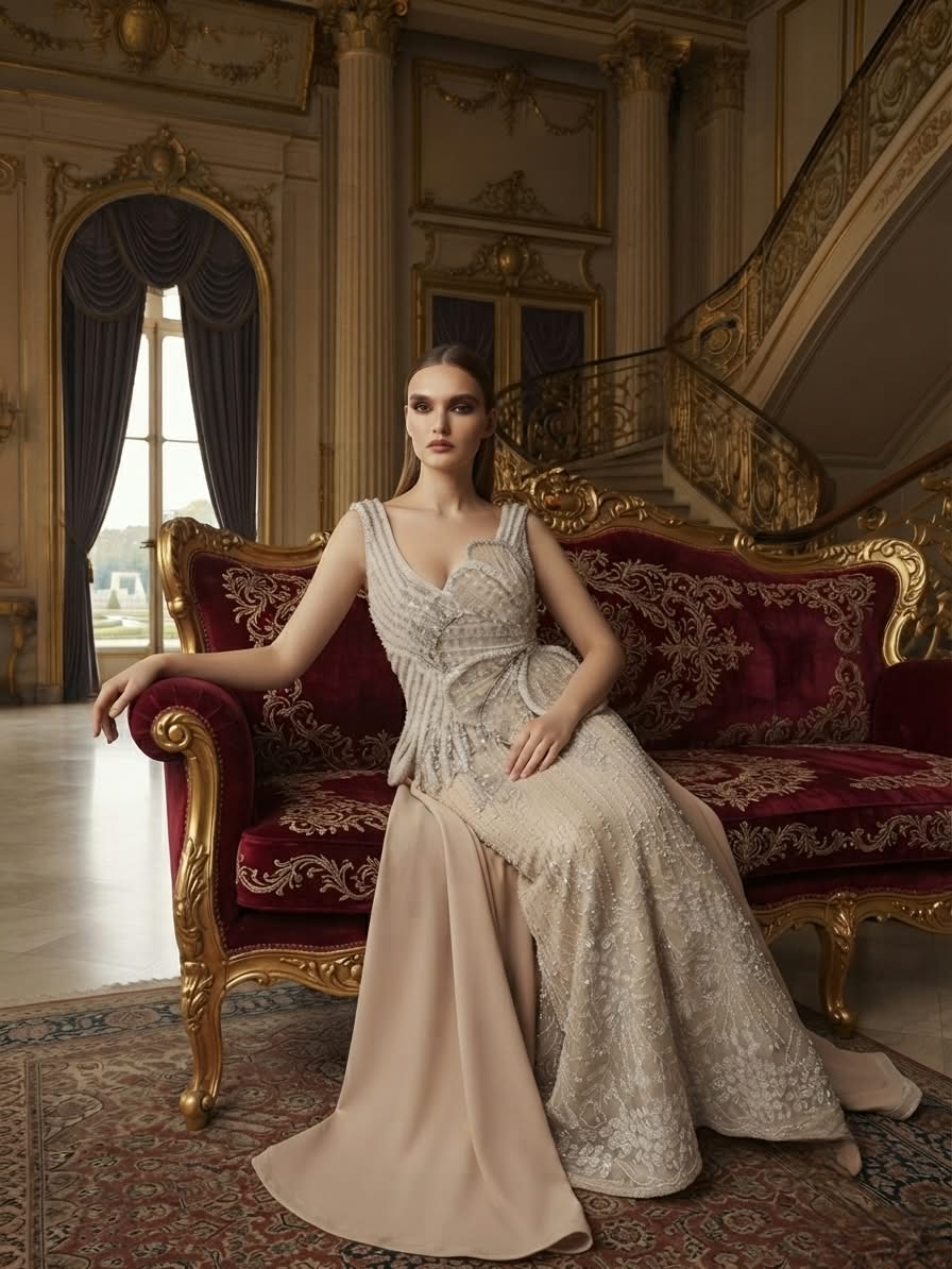 Beige gown with over- skirt - Image 3