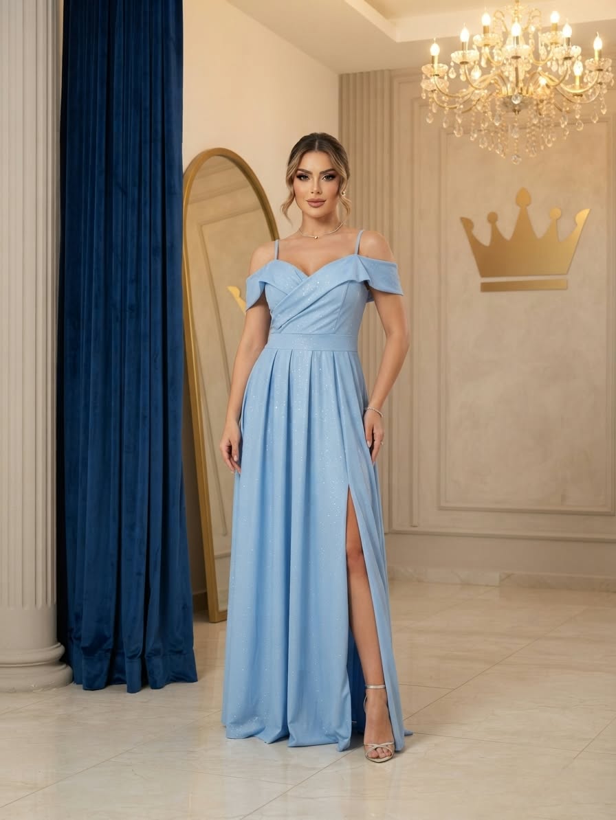 Sky Blue Shimmer Evening Gown with Slit