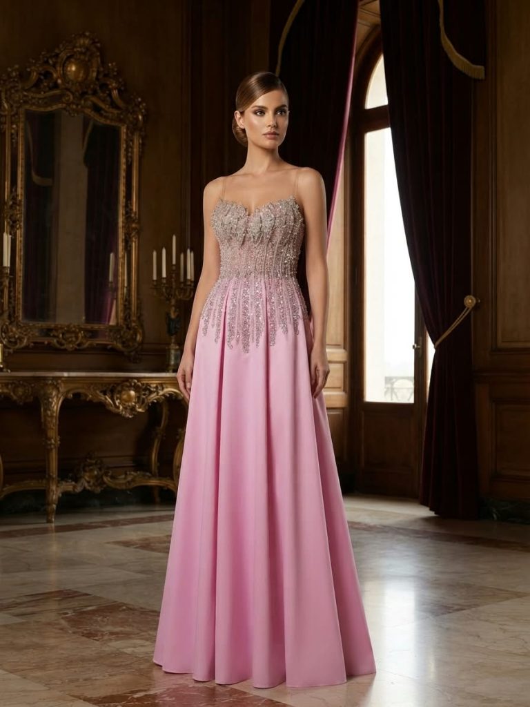 Strapless pink evening gown