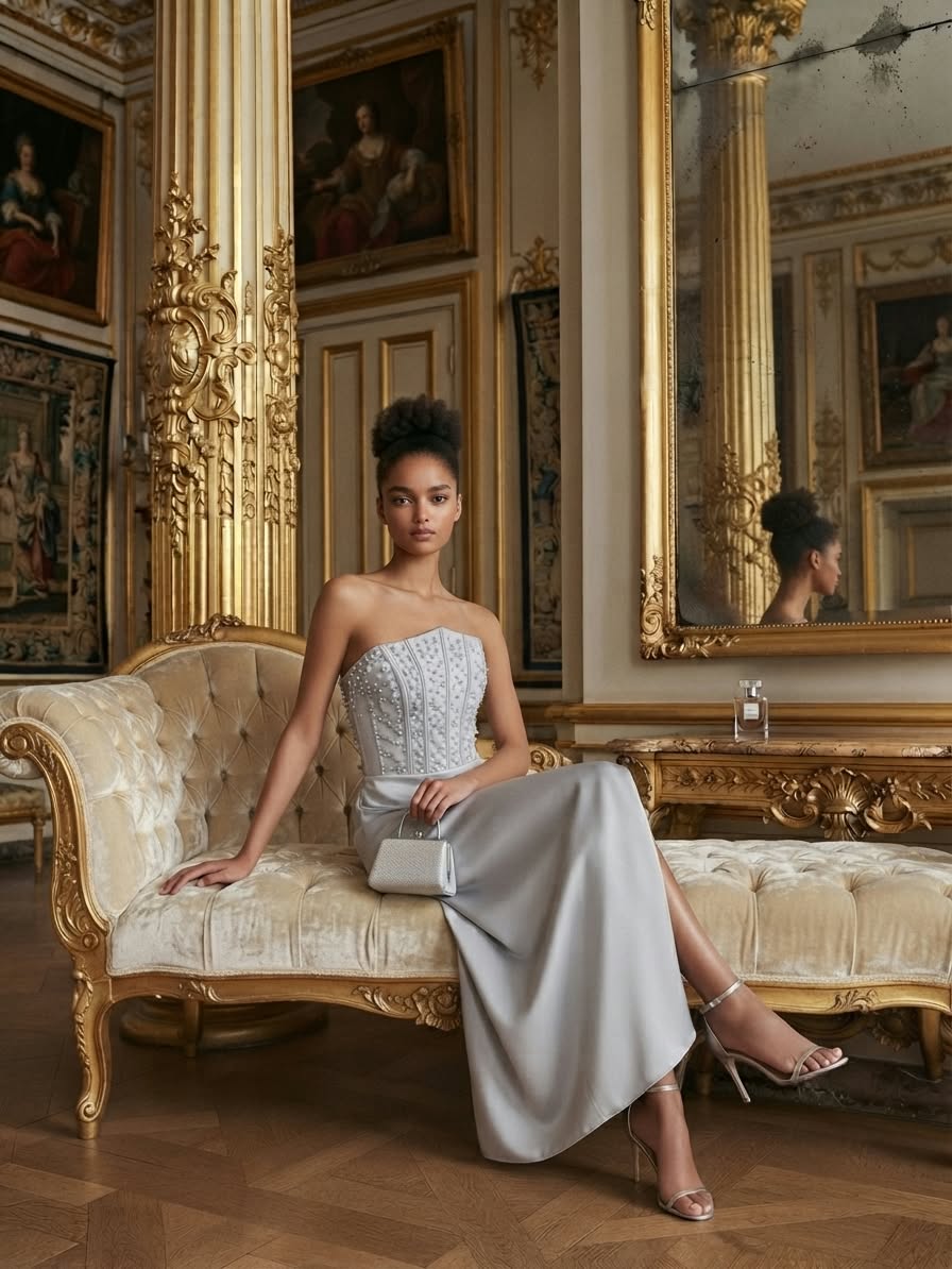 The Silver Strapless Evening Gown