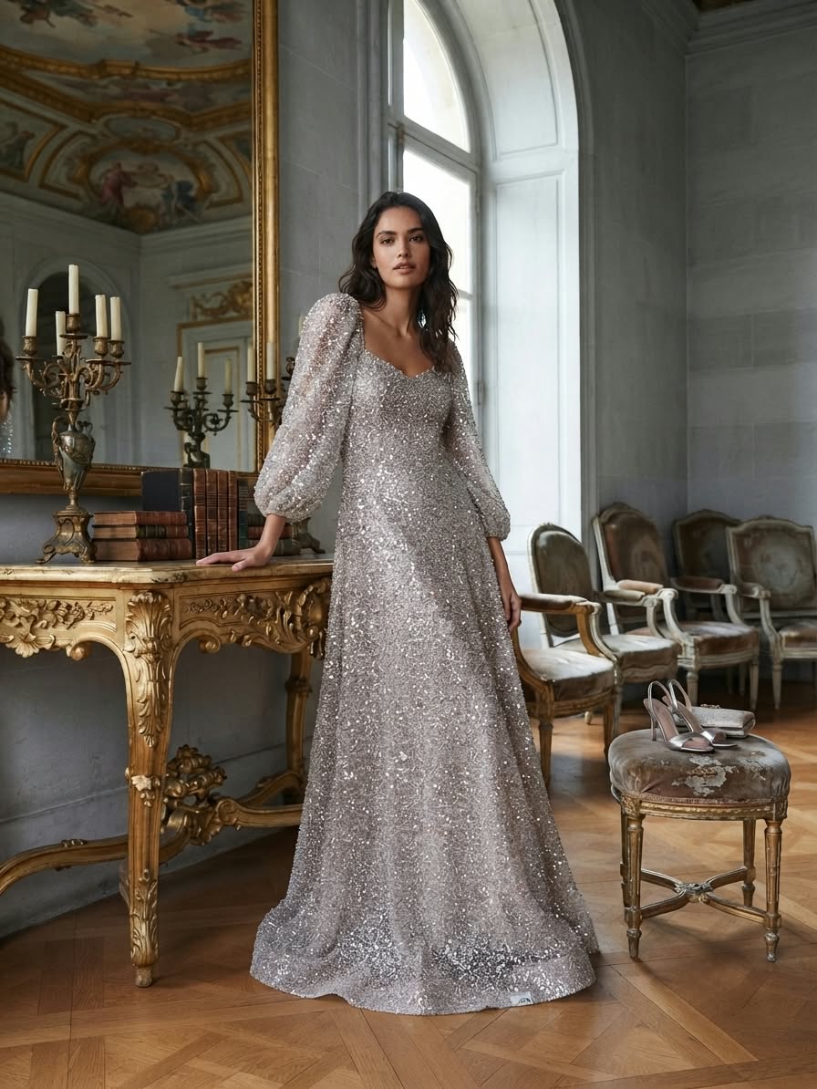 Choco long sleeves embellished gown