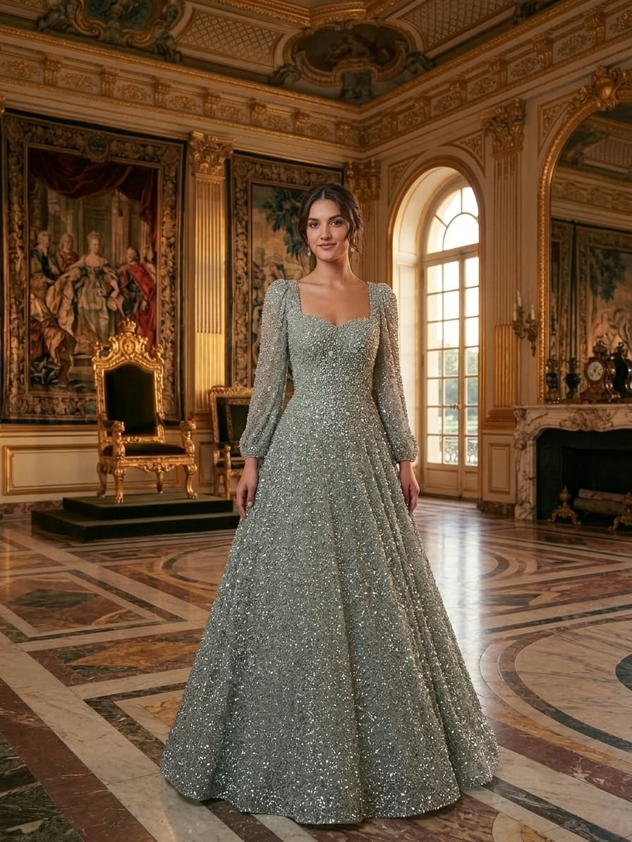 sage long sleeves embellished gown