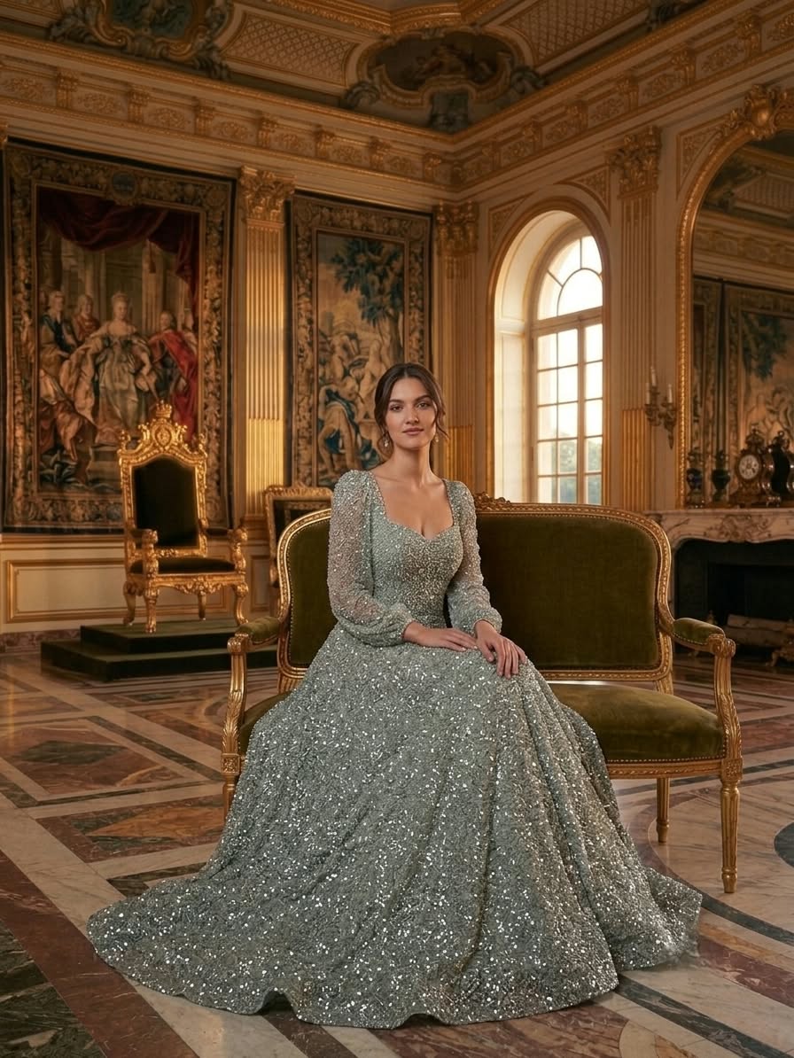 sage long sleeves embellished gown