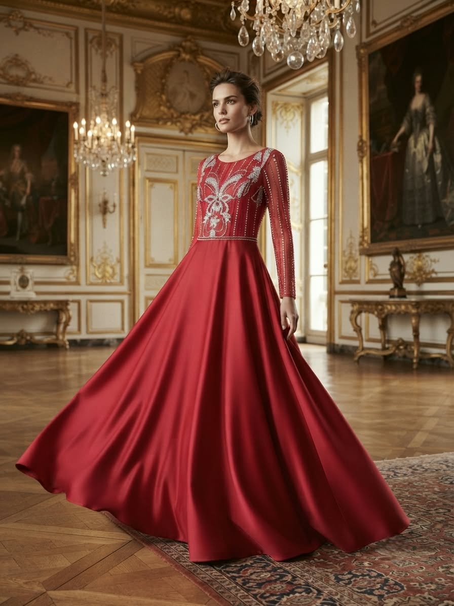 The red satin embellished dress