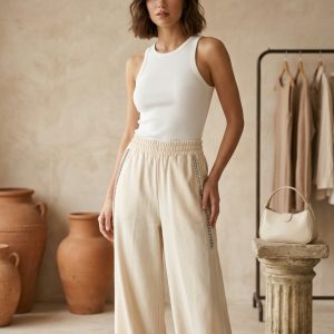 Beige Linen Blend Pants