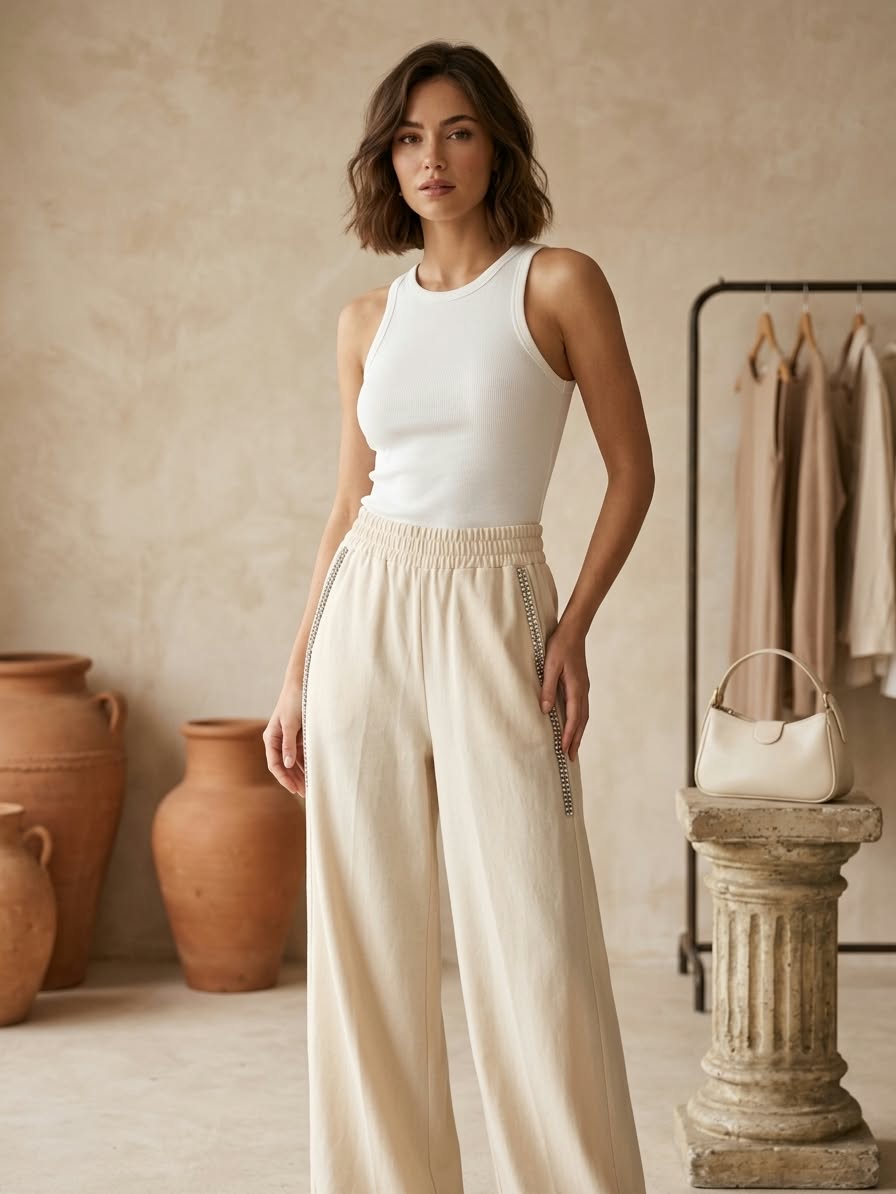 Beige Linen Blend Pants